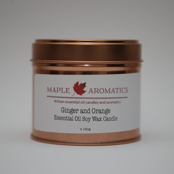 Maple Aromatics Ginger and Orange Soy Wax Rose Gold 150g Candle Tin
