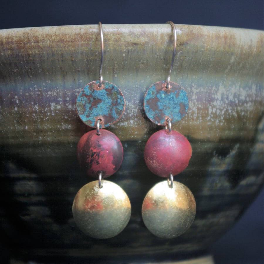  Turquoise, Red and Golden Circles Long Dangle  Earrings