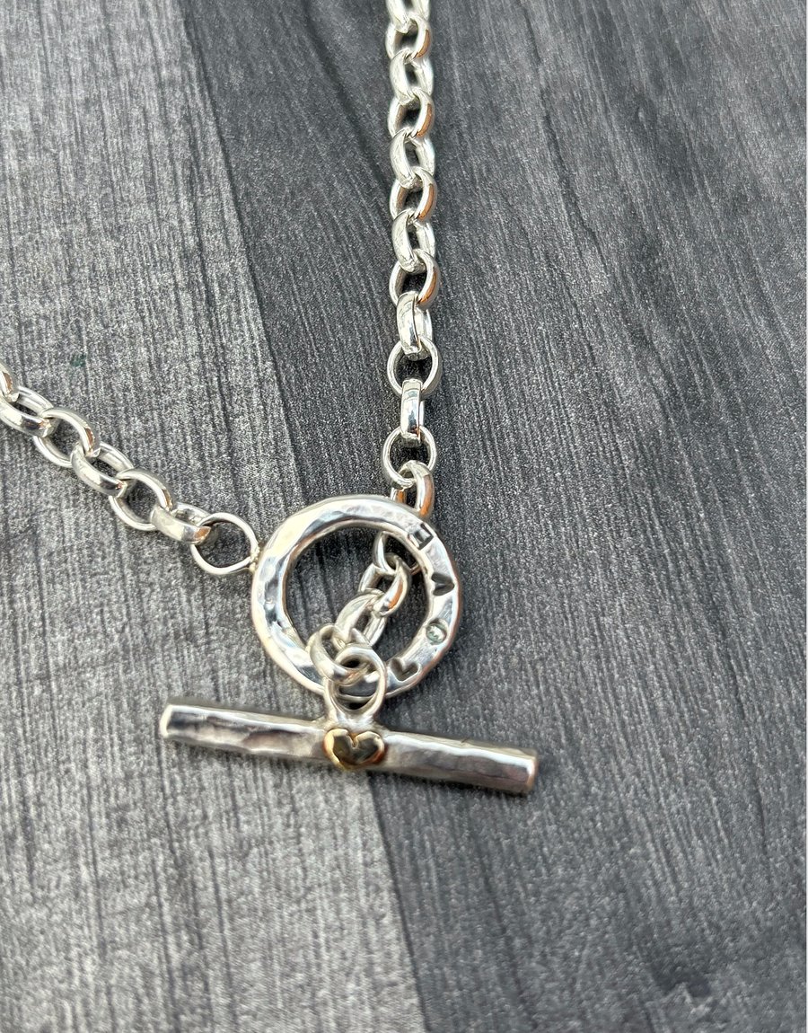 Silver Fob Necklace, silver toggle necklace, gold heart necklace, gift for her, 