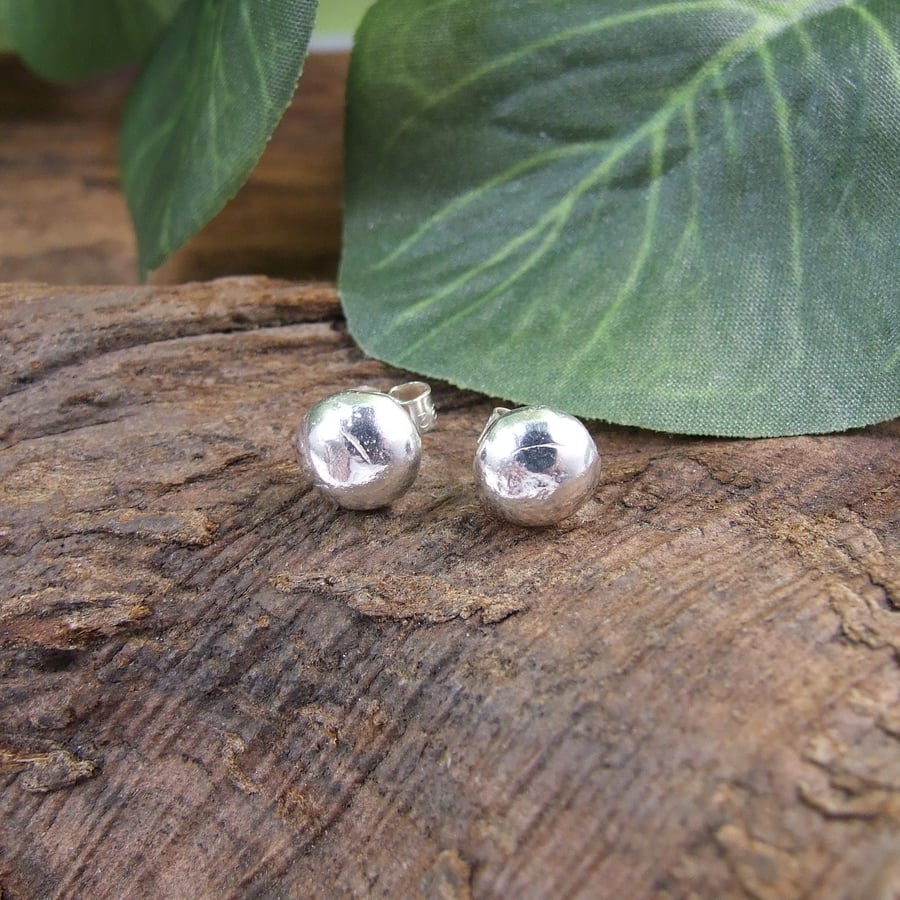 Sterling Silver Pebble Earrings, Recycled Silver 8mm Round Studs