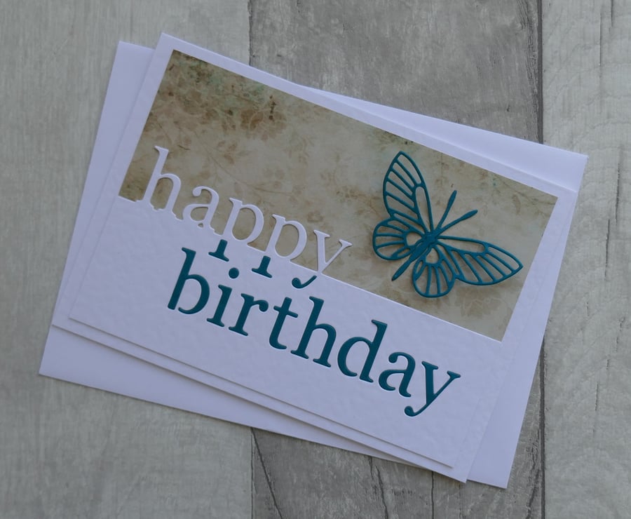 Turquoise Butterfly and Brown Floral Paper - Happy Birthday - Birthday Card