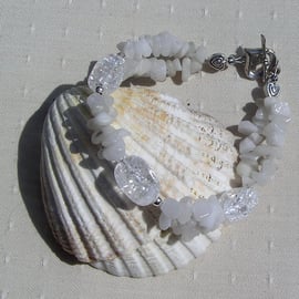 Snow Quartz & Crackled Clear Quartz Crystal Gemstone Bracelet "Snow Drop"