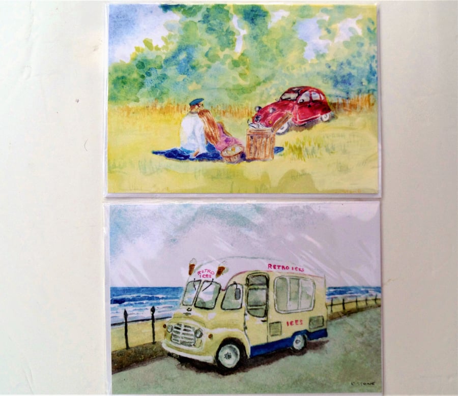 Summer classic vehicles pack of two greetings cards blank for own message