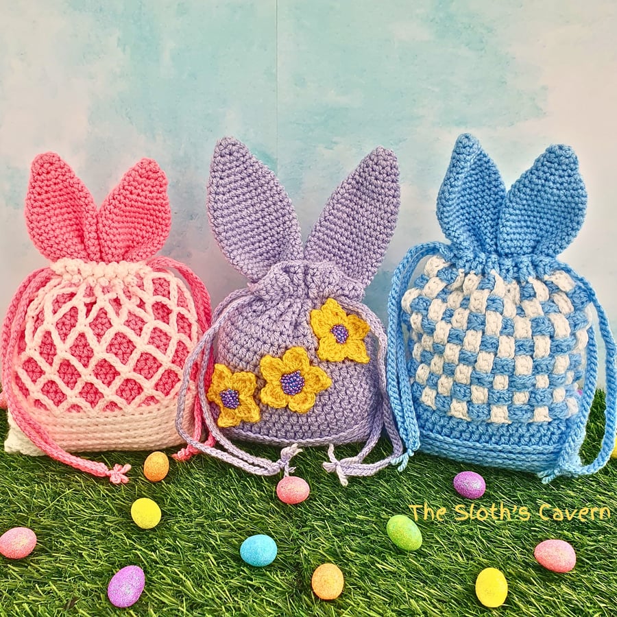 Bunny ears gift pouch in Pink, Lilac or Blue, crochet drawstring treat bag