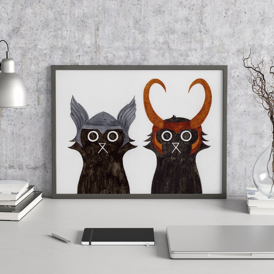 Cat Wall Art Print, Superhero Wall Art Print, Thor, Loki, Nursery Print