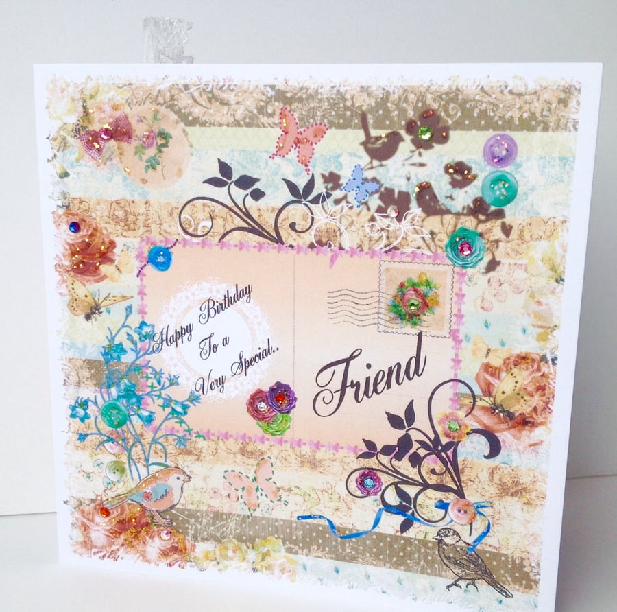 Birthday Card Friend,Printed Patchwork,Handmade,Handfinished,Personalised 