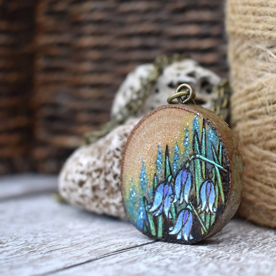 Bluebells pyrography pendant. Rustic branch slice nature necklace.