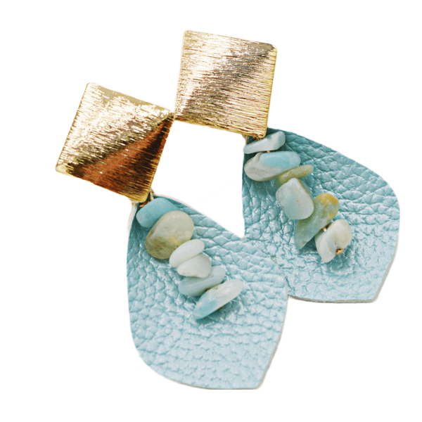 Blue Amazonite, Vegan Leather Gold Plated Earrings - Free Postage