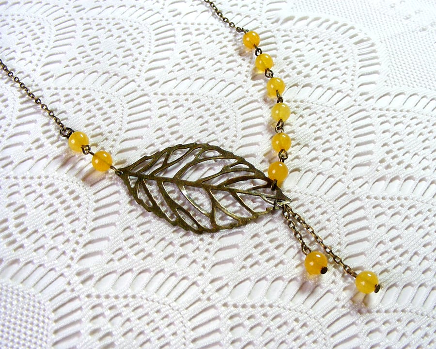 Bronze Necklace with Yellow Topaz Beads and Leaf Detail