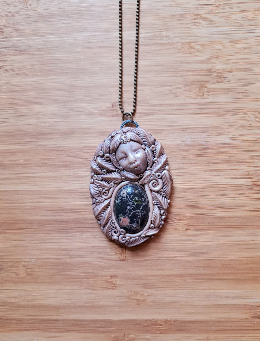 Plum Blossom Jasper Crystal and Polymer Clay Goddess Amulet Pendant 