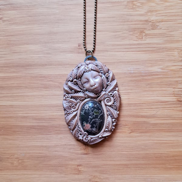 Plum Blossom Jasper Crystal and Polymer Clay Goddess Amulet Pendant 