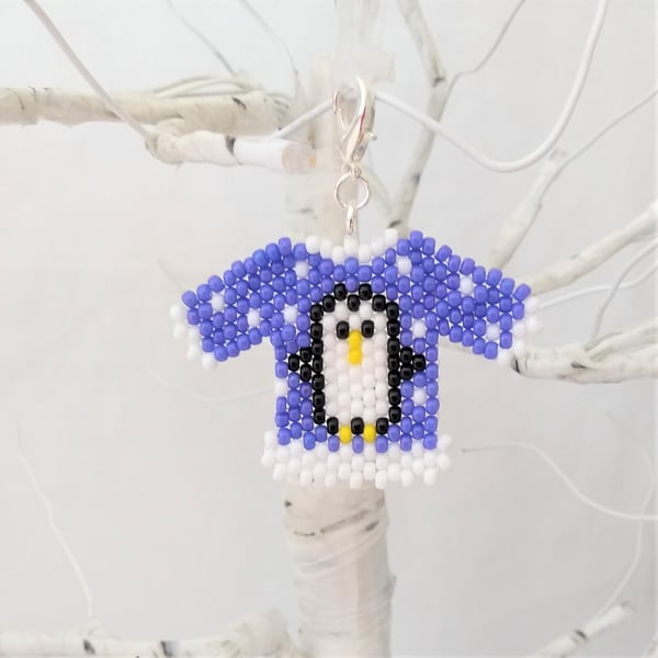 Purple Penguin Beaded Christmas Jumper Decoration Charm
