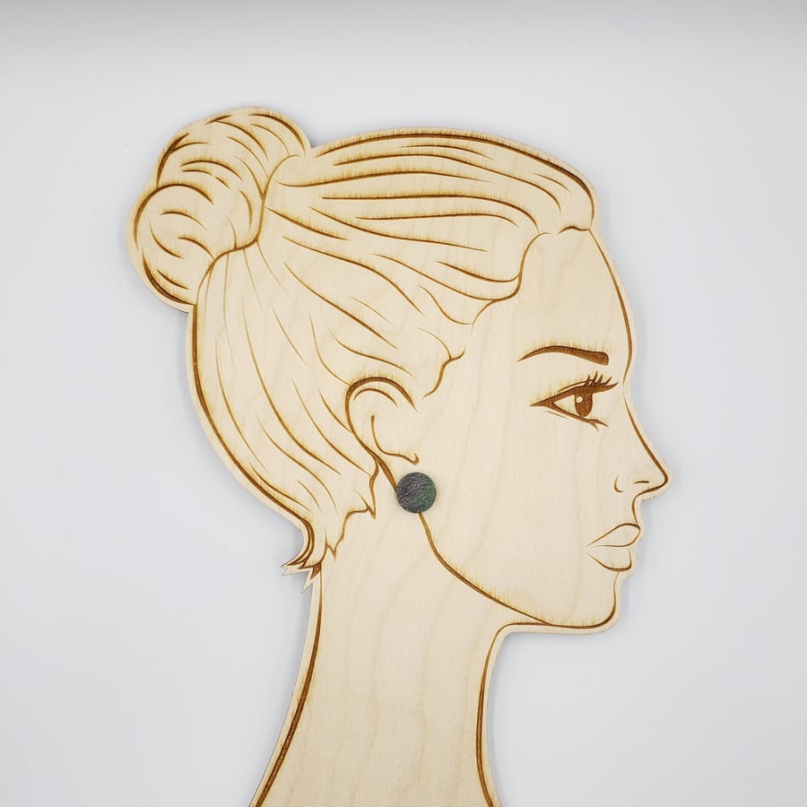 Delicate purple and green hand printed wooden earrings