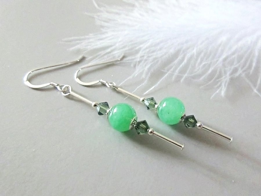 Bright Green Aventurine & Crystal Earrings With Sterling Silver Tubes