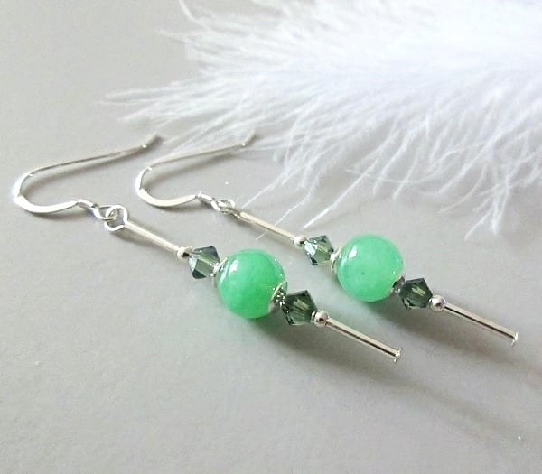 Bright Green Aventurine & Crystal Earrings With Sterling Silver Tubes