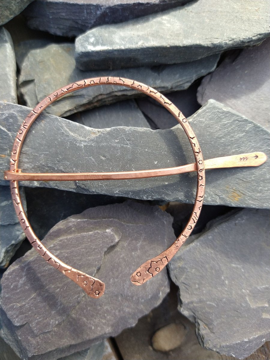 Stamped Copper Penannular Shawl Pin Brooch