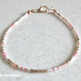 Pink, White & Rose Gold Seed Bead Friendship Bracelet - 6.5" - 8"