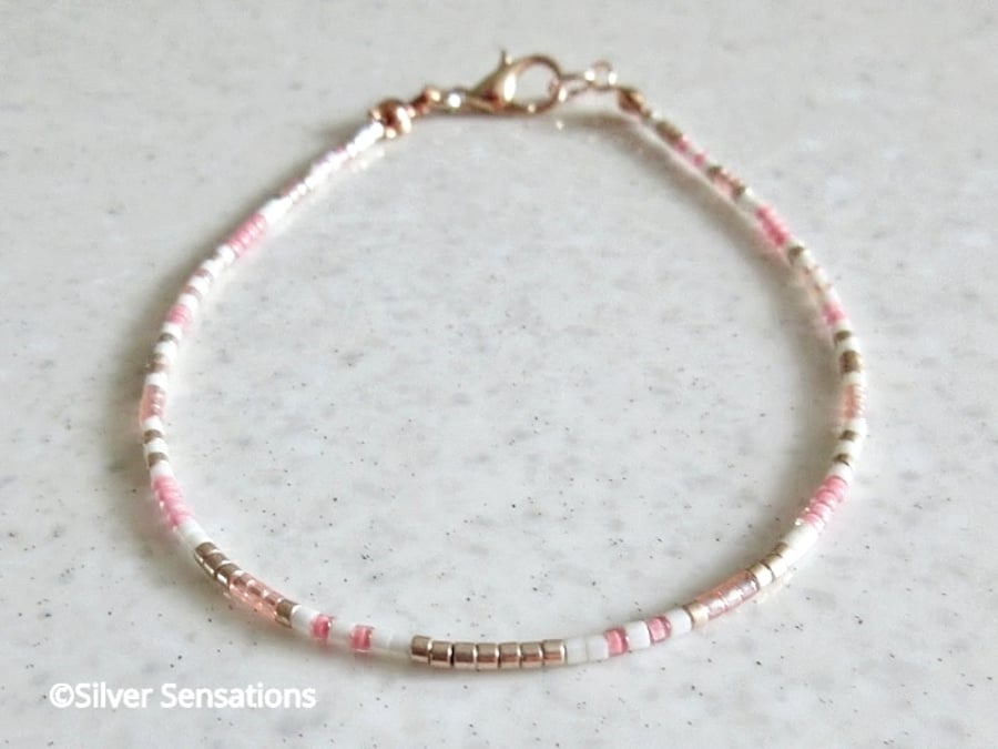 Pink, White & Rose Gold Seed Bead Friendship Bracelet - 6.5" - 8.5"