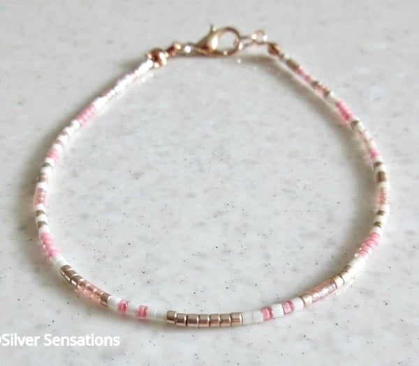 Pink, White & Rose Gold Seed Bead Friendship Bracelet - 6.5" - 8.5"