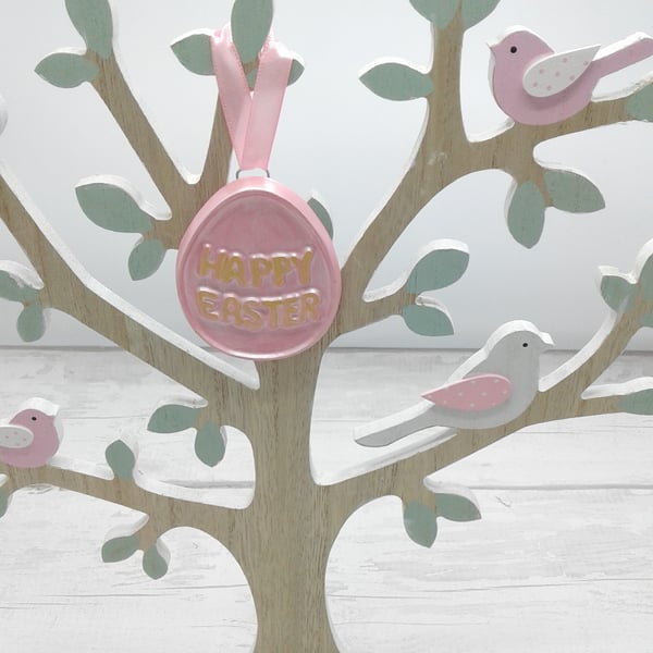 Easter ceramic decoration. Happy Easter ceramic egg decoration. Pink & gold.