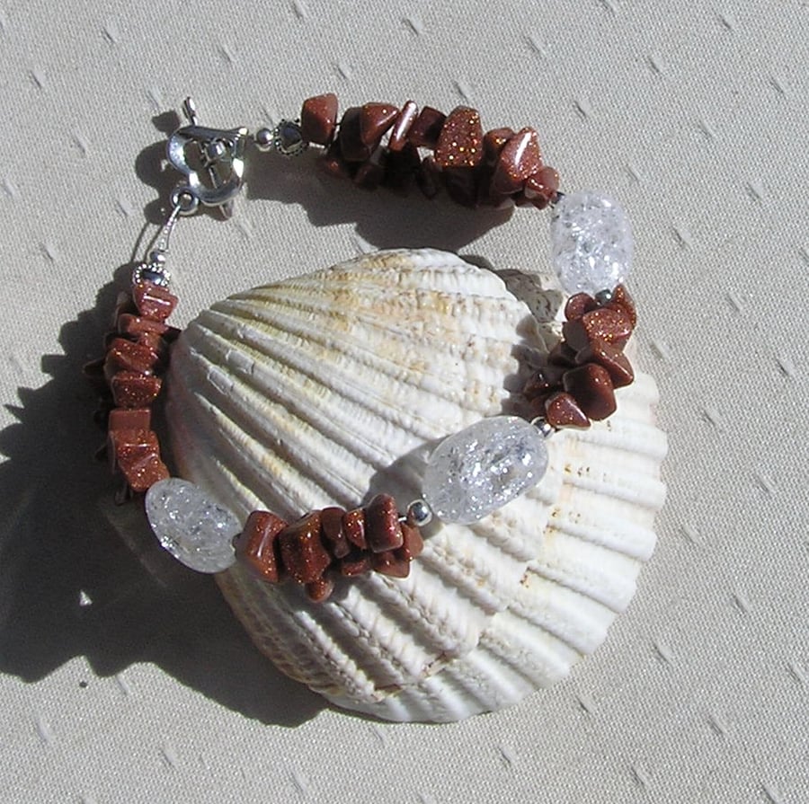 Brown Goldstone & Crackled Quartz Gemstone Bracelet "Autumn Dew" - SALE PRICE