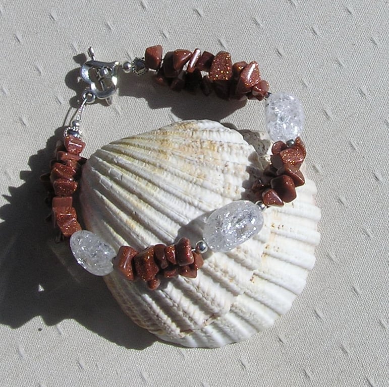 Brown Goldstone & Crackled Quartz Gemstone Bracelet "Autumn Dew" - SALE PRICE