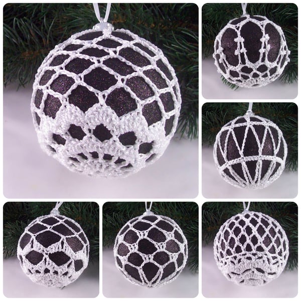Christmas baubles boxed set of 6 large decorated with crochet lace (A22)