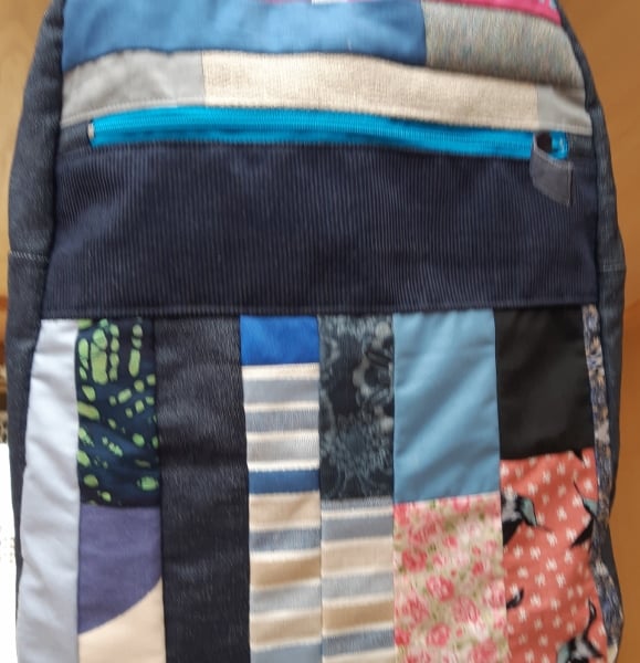 Navy denim patchwork backpack