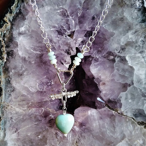 Amazonite Heart & Rainbow Moonstone Silver Plate Necklace 18 to 20 Inch