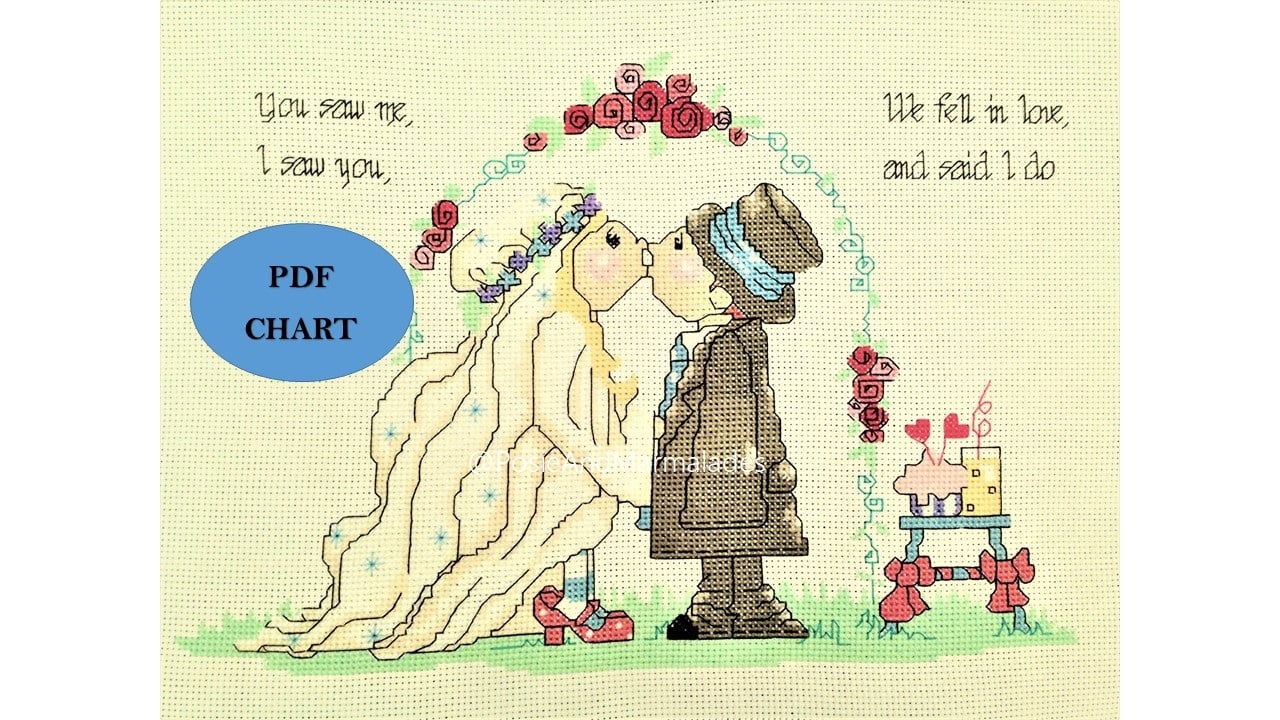 Wedding Cross Stitch Pattern: Bride & Groom Anniversary Design (PDF Chart)