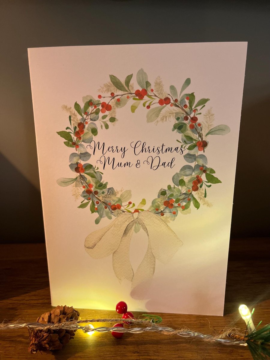 Personalised Wreath Christmas Card with bow design!