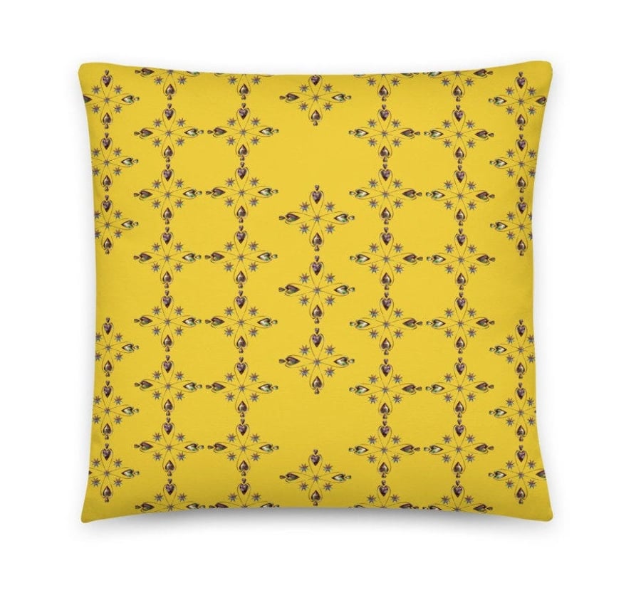 1 CUSHION - FAUX SUEDE VEGAN or POLY LINEN. HELIUM HEARTS MUSTARD YELLOW Pillow