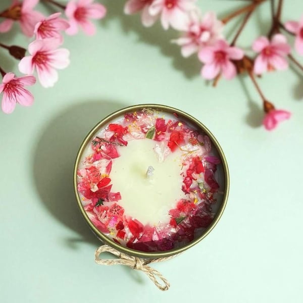 Pink Blossom and Jasmine Soy Wax Candle Vegan Hand Poured 5oz Gold Tin