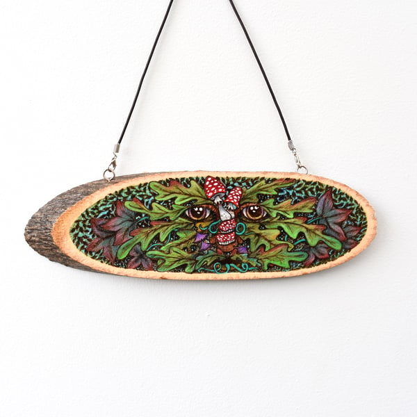 Pyrography Green Man hanging plaque. Original artwork.