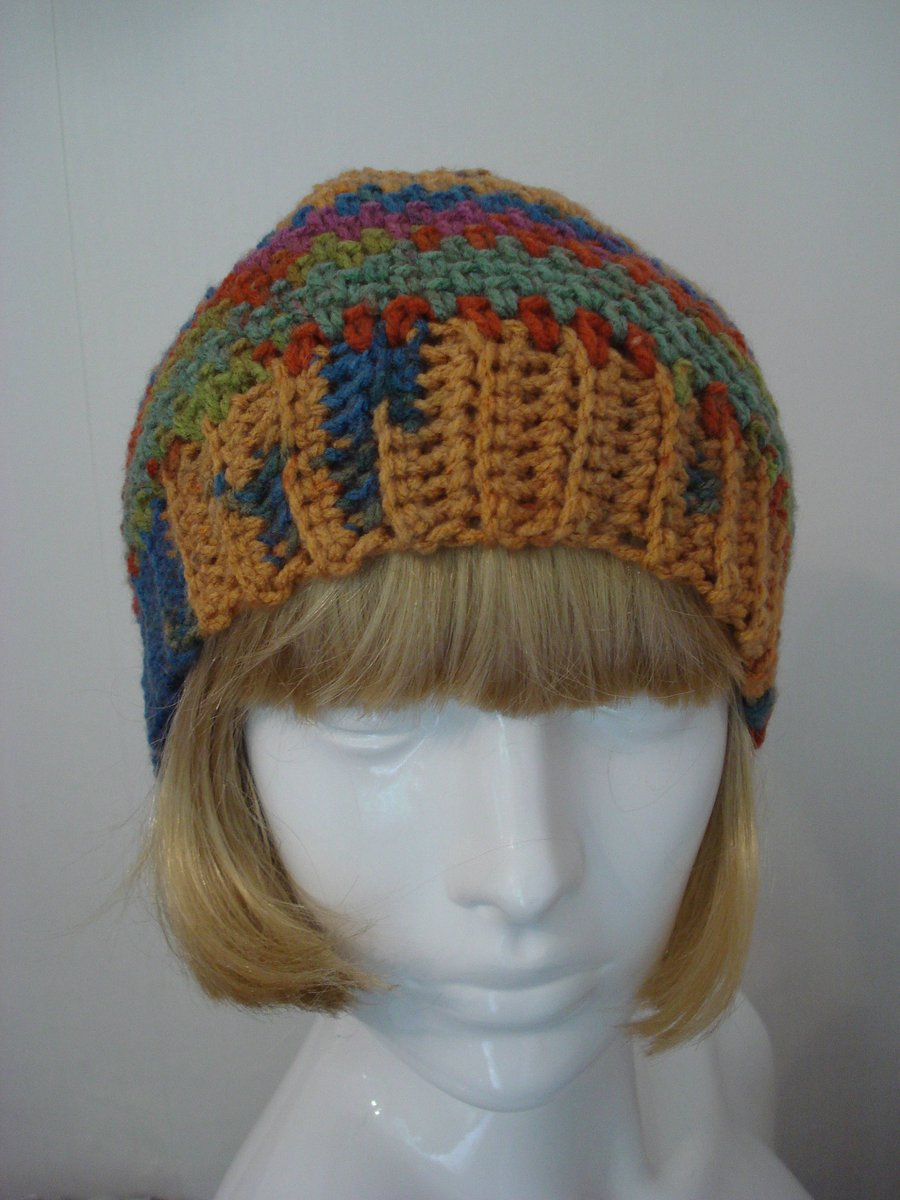 Set of Hat And Gloves in a Multi Coloured Yarn, Hat has Opening For A Ponytail