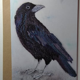 Crow Embroidered Portrait Greetings Card