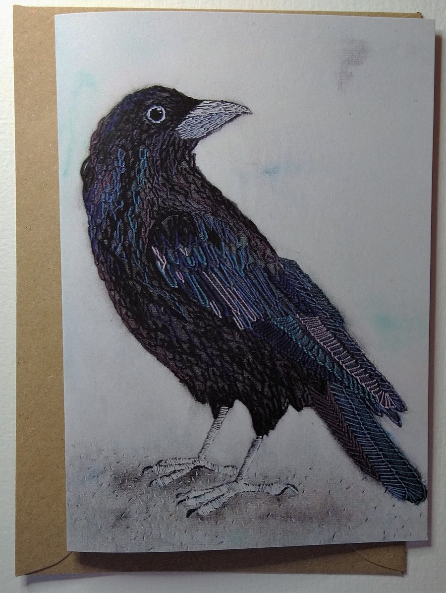 Crow Embroidered Portrait Greetings Card