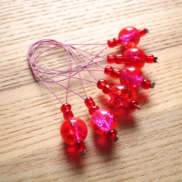 Large Red Pink Glass Bead Knitting Stitch Markers pack of 6
