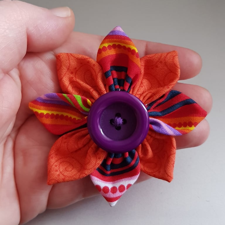 Multicolour Fabric Flower Brooch with Purple Button - Bold Textile Flower Pin
