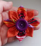 Multicolour Fabric Flower Brooch with Purple Button - Bold Textile Flower Pin