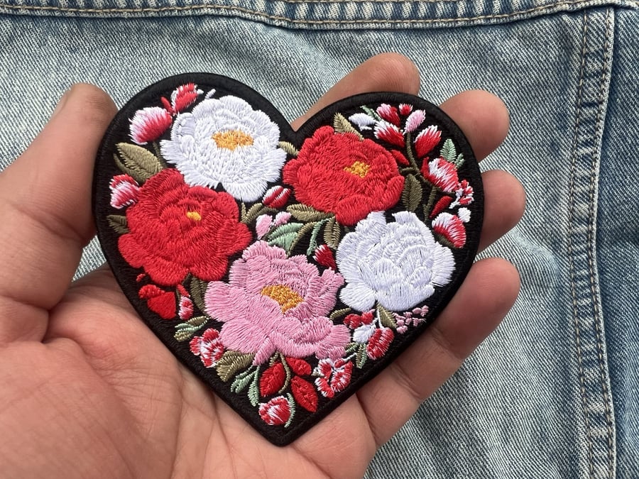 Peony Flower Love Heart Embroidered Patch Iron On Sew On Floral Badge