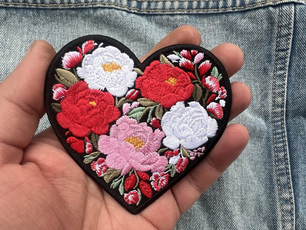 Peony Flower Love Heart Embroidered Patch Iron On Sew On Floral Badge