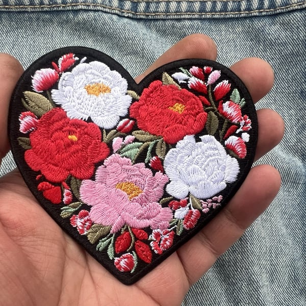 Peony Flower Love Heart Embroidered Patch Iron On Sew On Floral Badge