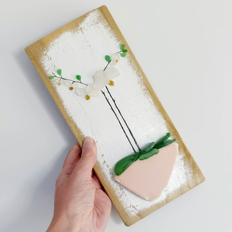 Sea Glass Wooden Wall Art Picture - Orchid on Reclaimed Wood