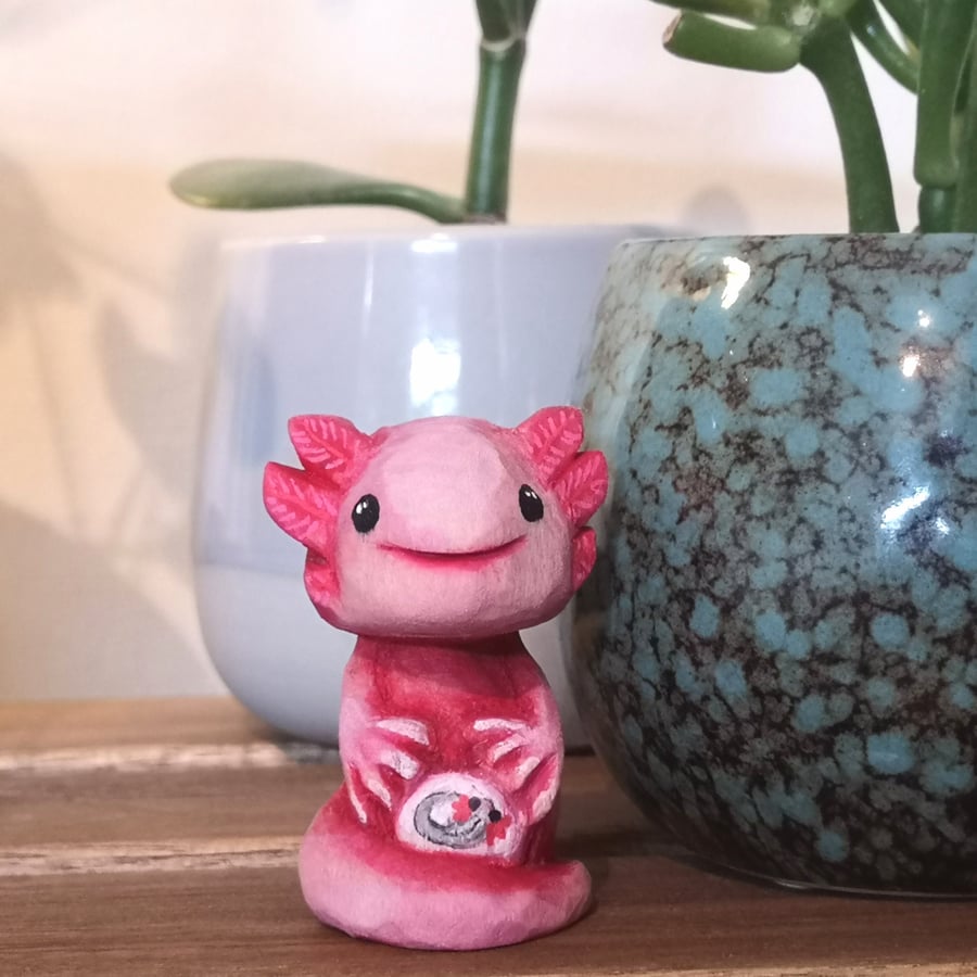 Hand carved, painted and finished wooden Kevin the Axo Lotl