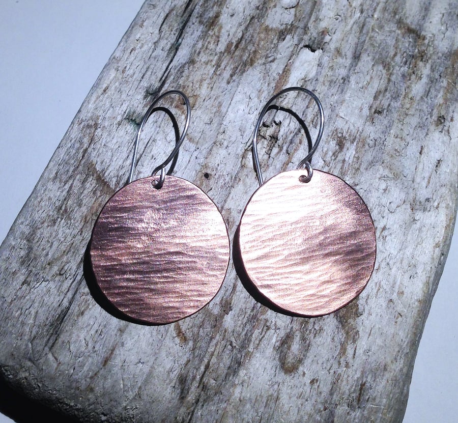 Textured Copper Disc Earrings - UK Free Post