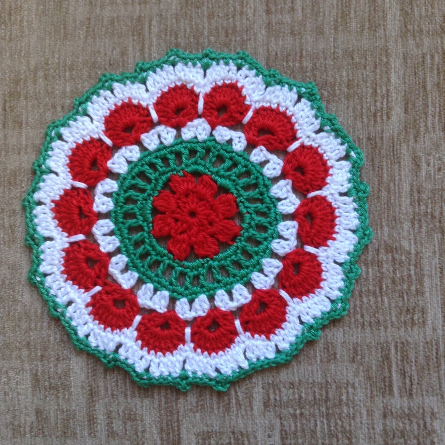 Crochet Christmas Mandala Doily Table Mat in Red,Green and White