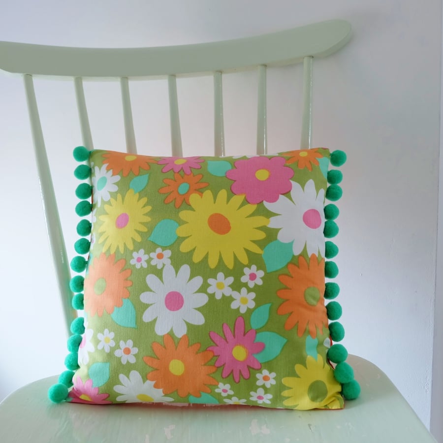 Vintage Flower Fabric Pom Pom Cushion, Small Retro Pillow in Green Flowers