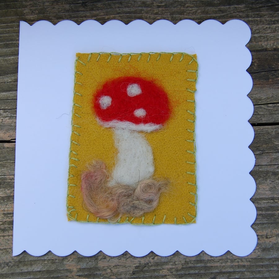 Birthday card. Needle felt mushroom. New Home blank greetings card