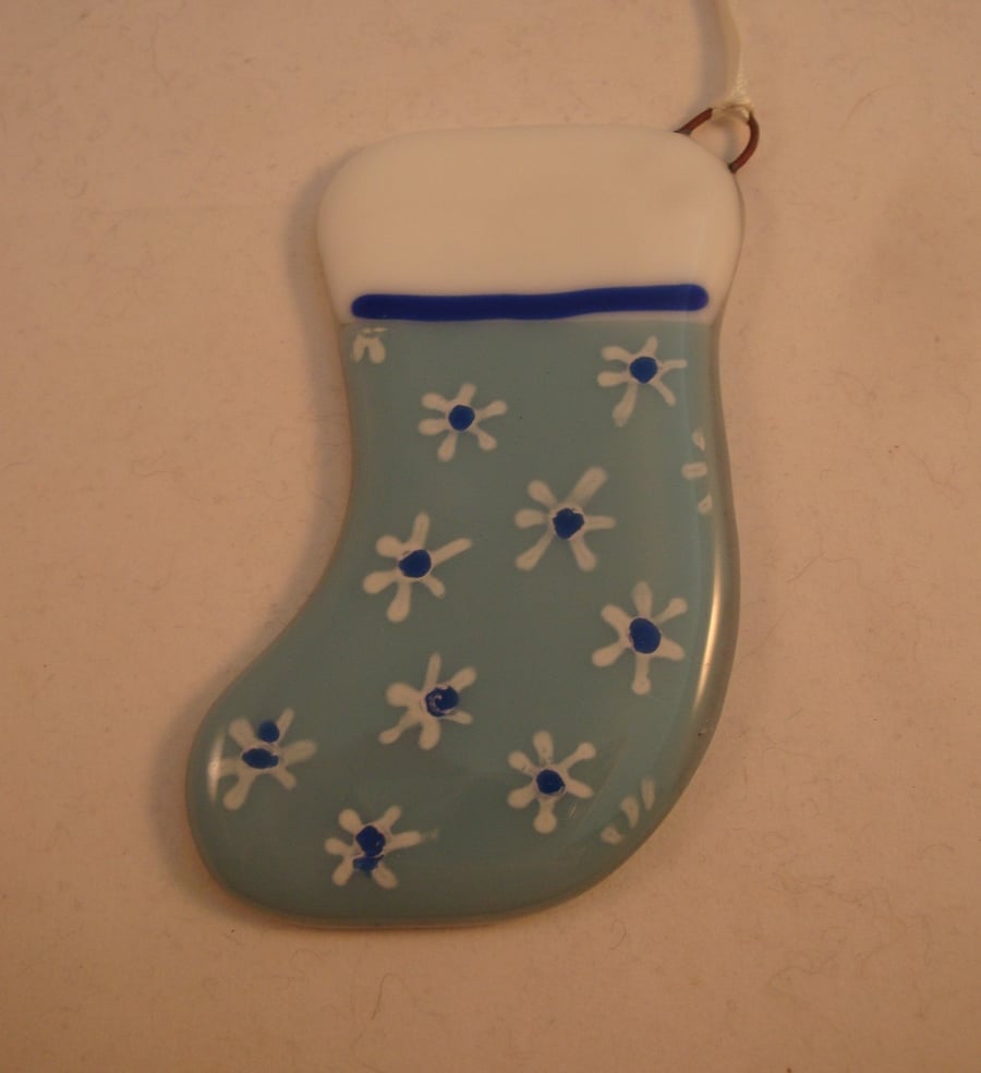 Fused Glass Stocking Christmas Decoration -  Pale Blue with White Flowers